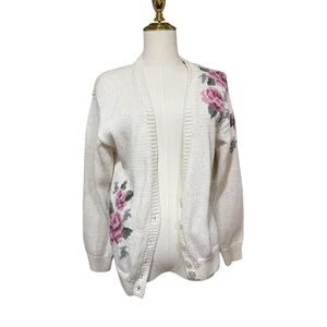 Vintage Jantzen Floral Knit Cardigan Ivory Rose Embroidered Button Front Sz S